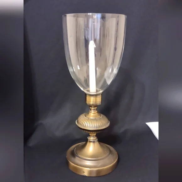 Vintage Hurricane Glass and Brass Tone Metal Candle Holder - Picture 1 of 7